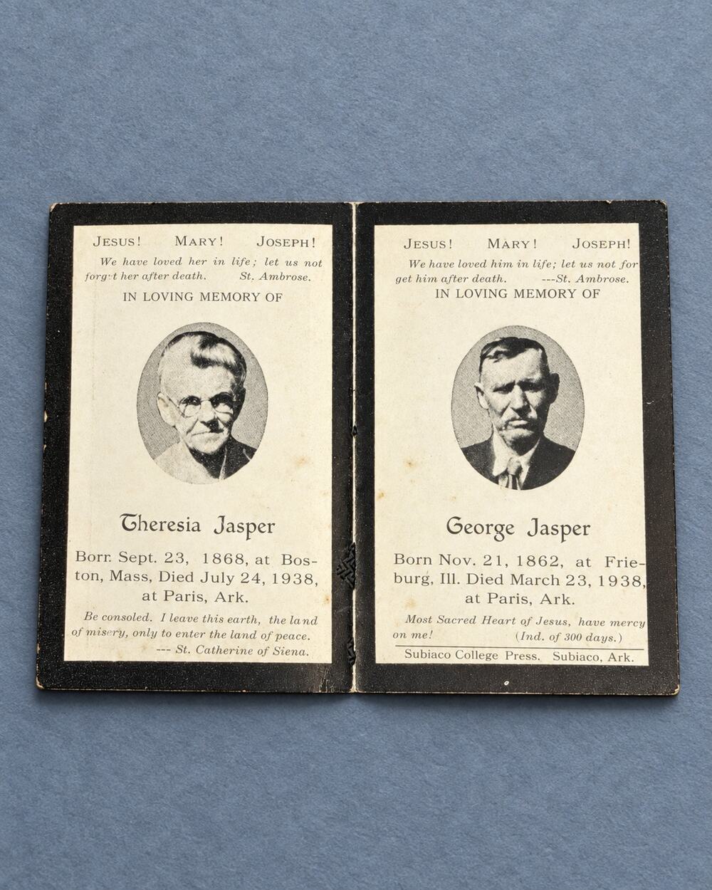 1938 George Theresia Jasper Paris Arkansas Catholic Memorial Prayer Card